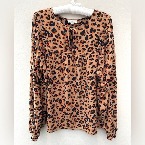 LOFT OUTLET | Cheetah Animal Print Tie Front Long Sleeve Peasant Blouse | Large - Picture 1 of 6